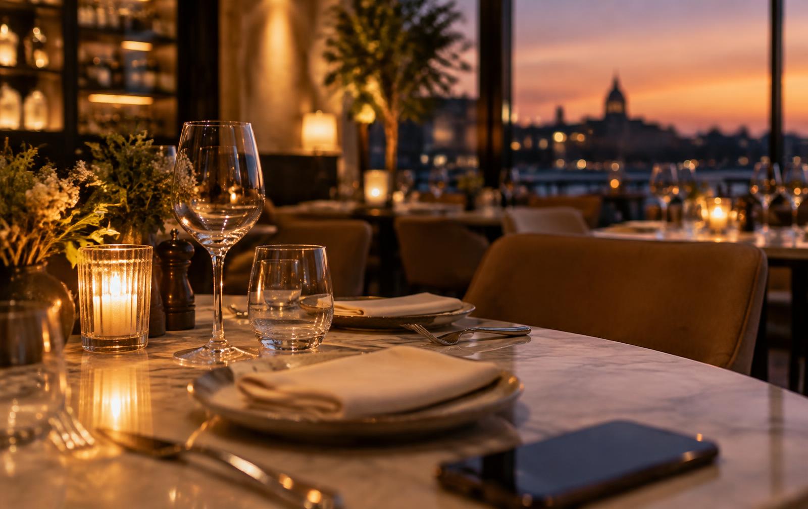 Candle-lit restaurant table at dusk